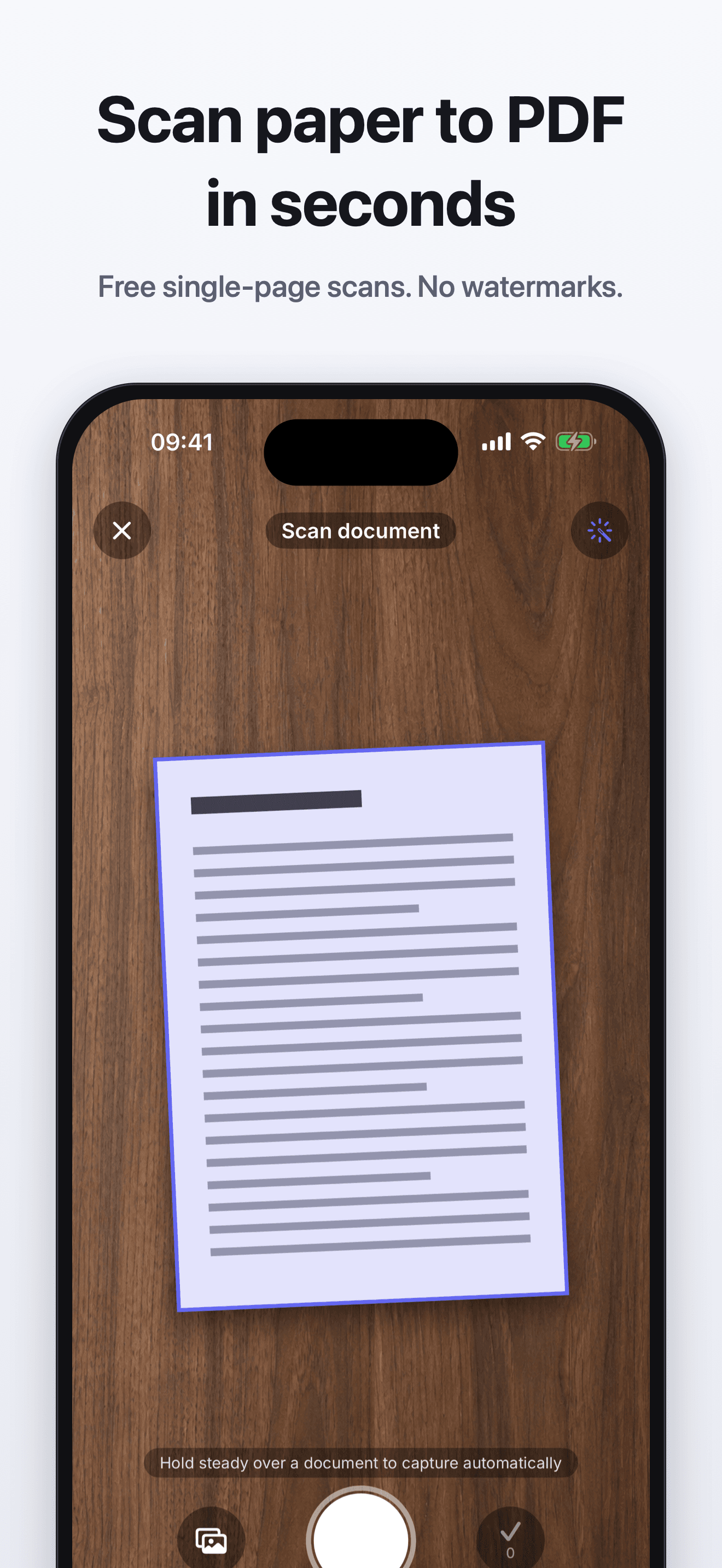 OnlyScans document scanner detecting a page, with free single-page scanning and no watermarks