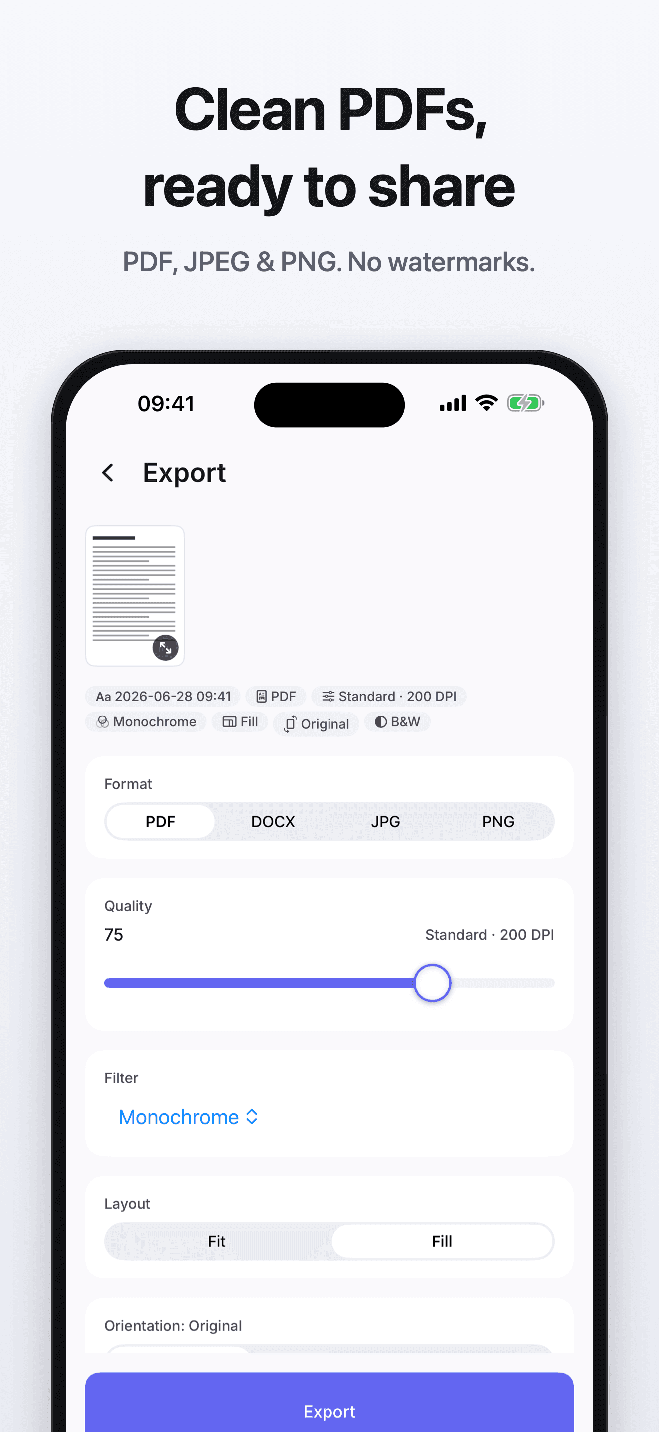 Export a document as PDF, JPEG or PNG without a watermark